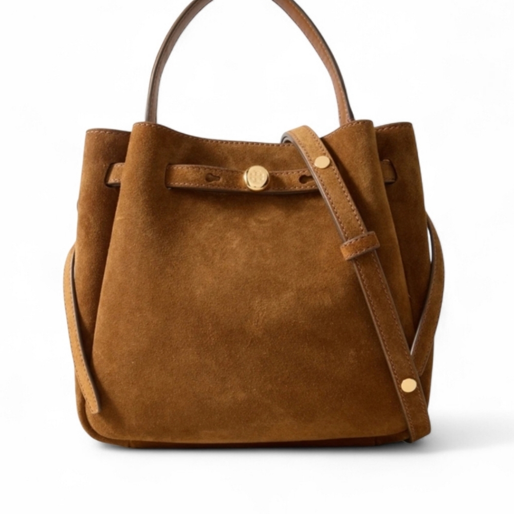 Tory Burch Leather Purse Brown Genuine Suede Bucket Crossbody Bag - Picture 2 of 11